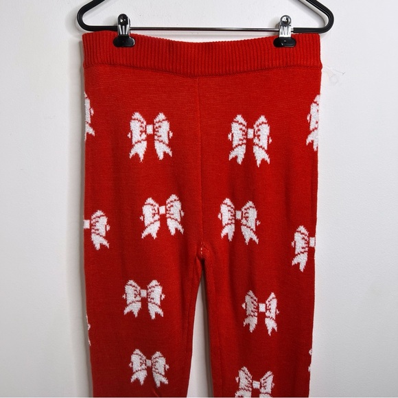 POOF! Merry Christmas Knit Bow Print Red Leggings NWOT Size L - Picture 3 of 11